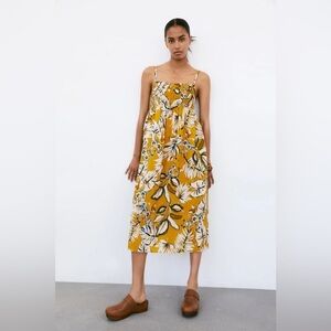Zara Mustard Yellow Floral Midi Dress Size Medium